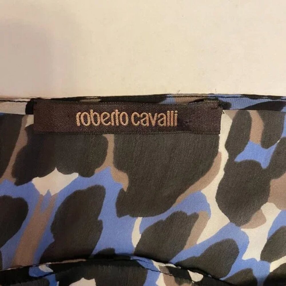 Robert Cavalli Blue Black Leopard Print Silk Blouse Bell Sleeve Sheer Size XS - Picture 10 of 13